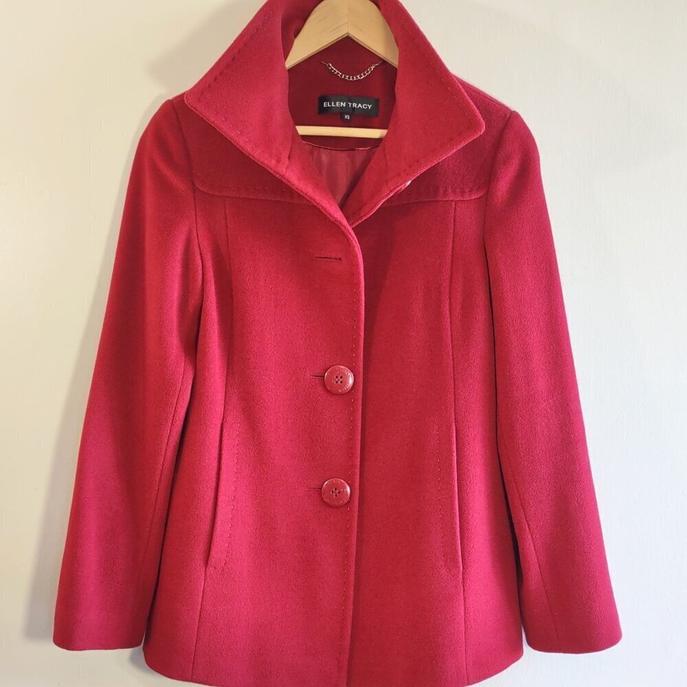 Ellen Tracy Wool & Angora Pea Coat Ruby Red Size XS Classic Elegant 'Like New